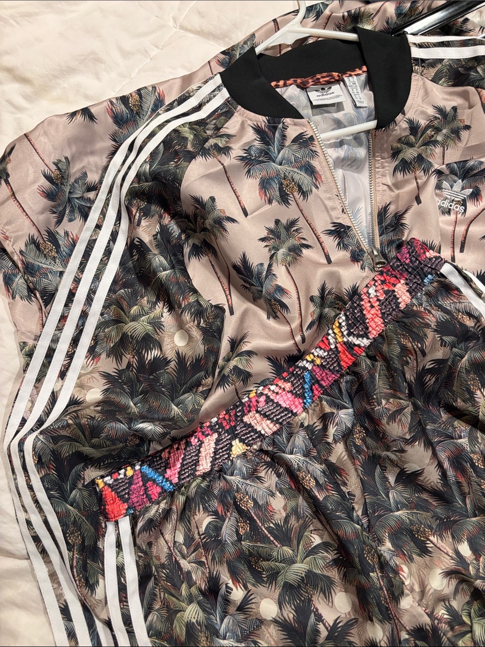 adidas Pink Palm-Print Long Bomber Jacket w Black Trim and Matching Shorts Set - Picture 5 of 5